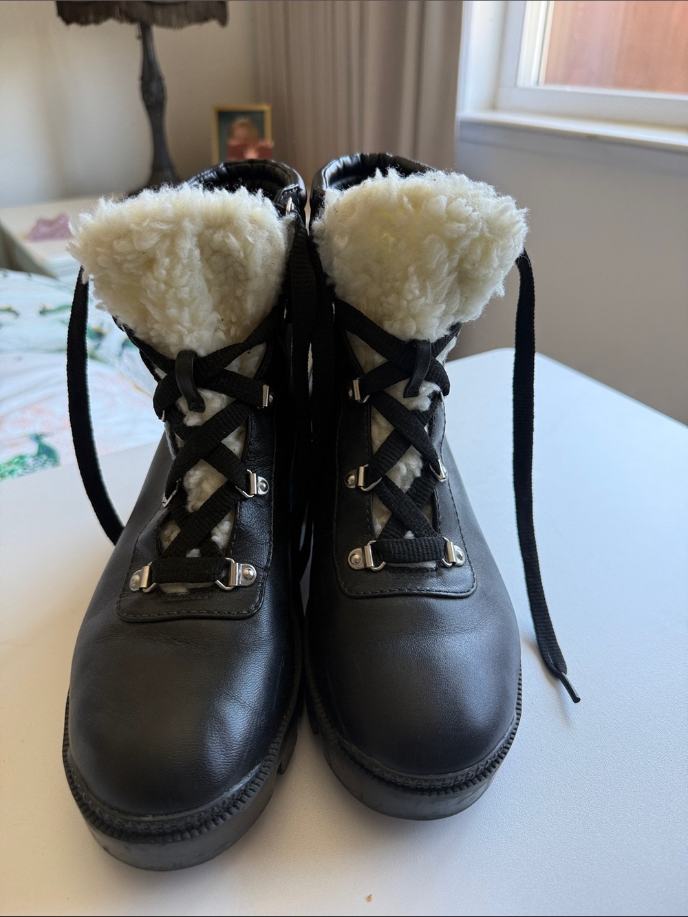 Aqua Black Lace-Up Faux Shearling Ankle Boots